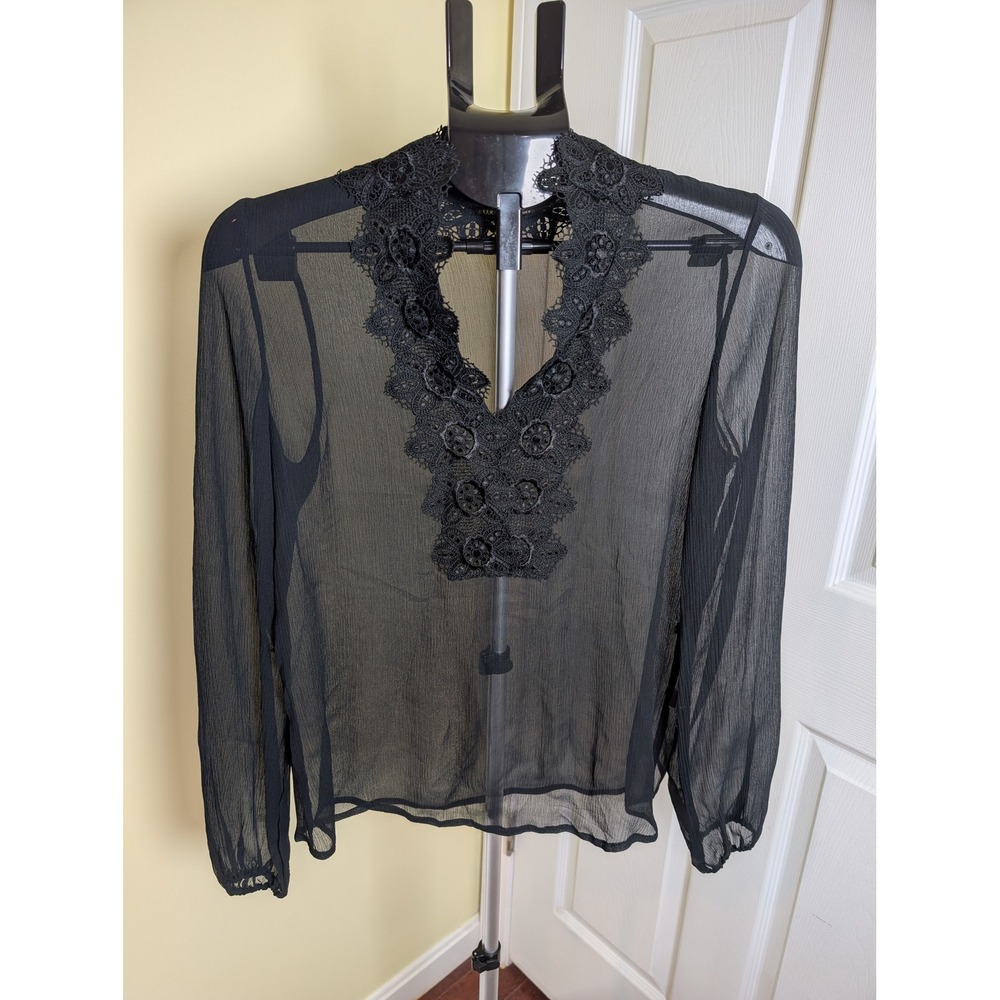 Lucky Brand Silk Blouse Womens XS Black Sheer Lace Bib High Neck Crinkle Chiffon